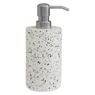 Speckled ceramic soap dispenser with metallic pump on a white background