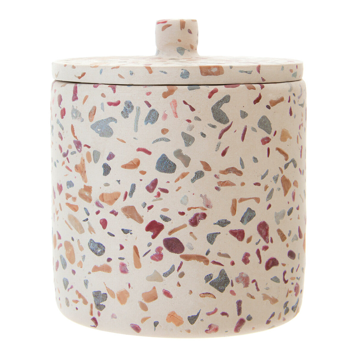 Ceramic container with terrazzo pattern on a white background