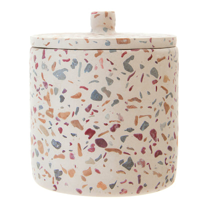 Ceramic container with terrazzo pattern on a white background