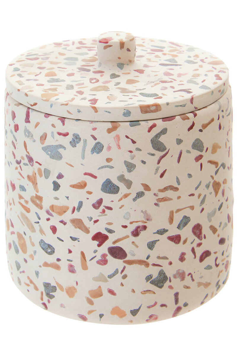 Decorative storage jar with a multicolored terrazzo pattern on a white background
