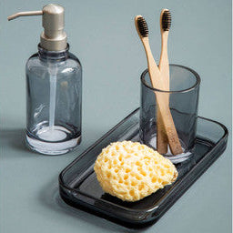 Bathroom essentials including a soap dispenser, toothbrush holder with toothbrushes, and a sponge on a tray.