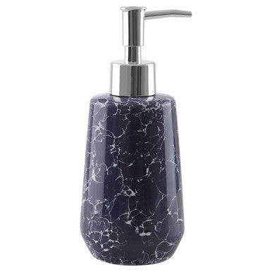 Marble-patterned soap dispenser with silver pump on a white background