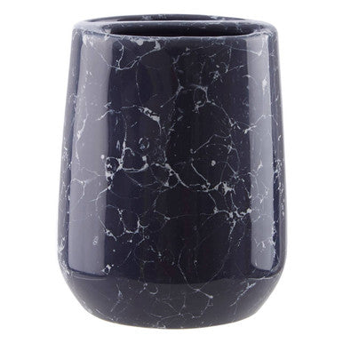 Black marble-patterned tumbler on a white background