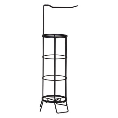 Black metal plant stand with three tiers on a white background
