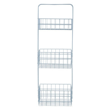 Metal storage rack with multiple wire baskets on a white background