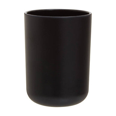 Black cylindrical tumbler on a white background