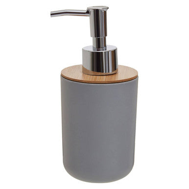Gray soap dispenser with wooden top and silver pump on a white background