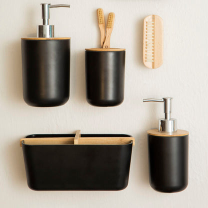 Set of black bathroom accessories with wooden accents on a light background