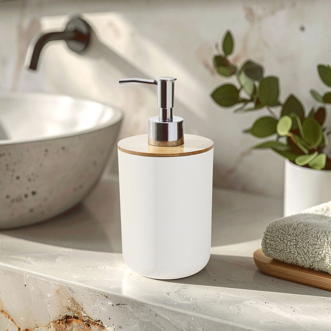White soap dispenser with wooden top on a bathroom counter with sink and plant in background