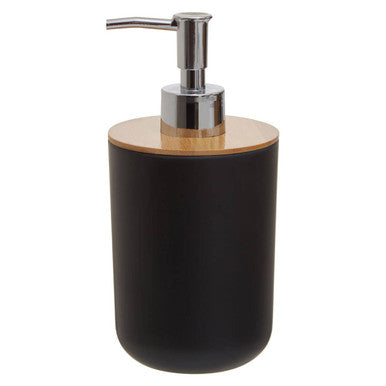 Black soap dispenser with wooden top and silver pump on a white background