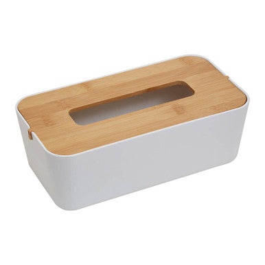 Tissue box with wooden lid on a white background
