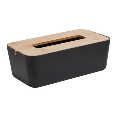 Black rectangular tissue box with wooden top on a white background