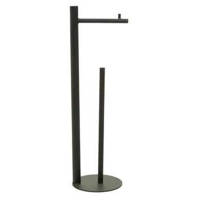 Black freestanding toilet paper holder on a white background