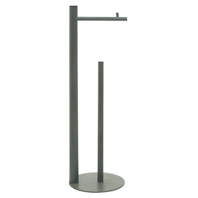 Dark gray freestanding toilet paper holder on a white background