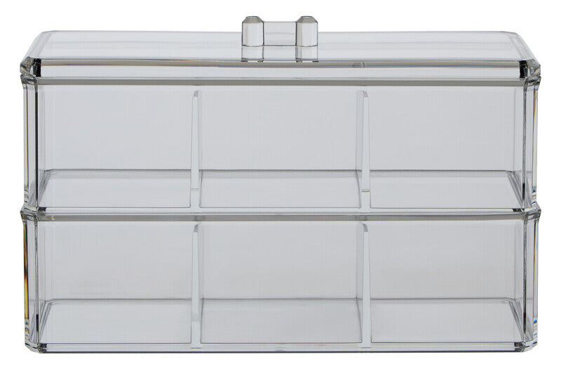 Clear acrylic display case with multiple compartments on a white background