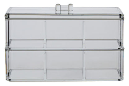 Clear acrylic display case with multiple compartments on a white background