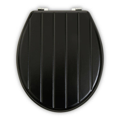Black toilet seat with vertical grooves on a white background