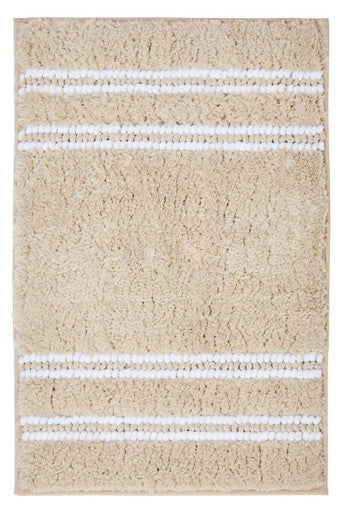 Beige rug with white stripes on a plain background