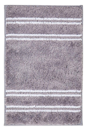 Gray bath mat with white striped border on a plain background