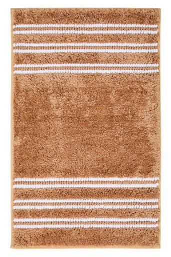 Beige rug with white stripes on a plain background