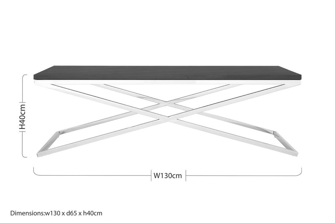 Black Coffee Table with Leather Effect MDF Top and Silver Crossed Steel Base, Tribute