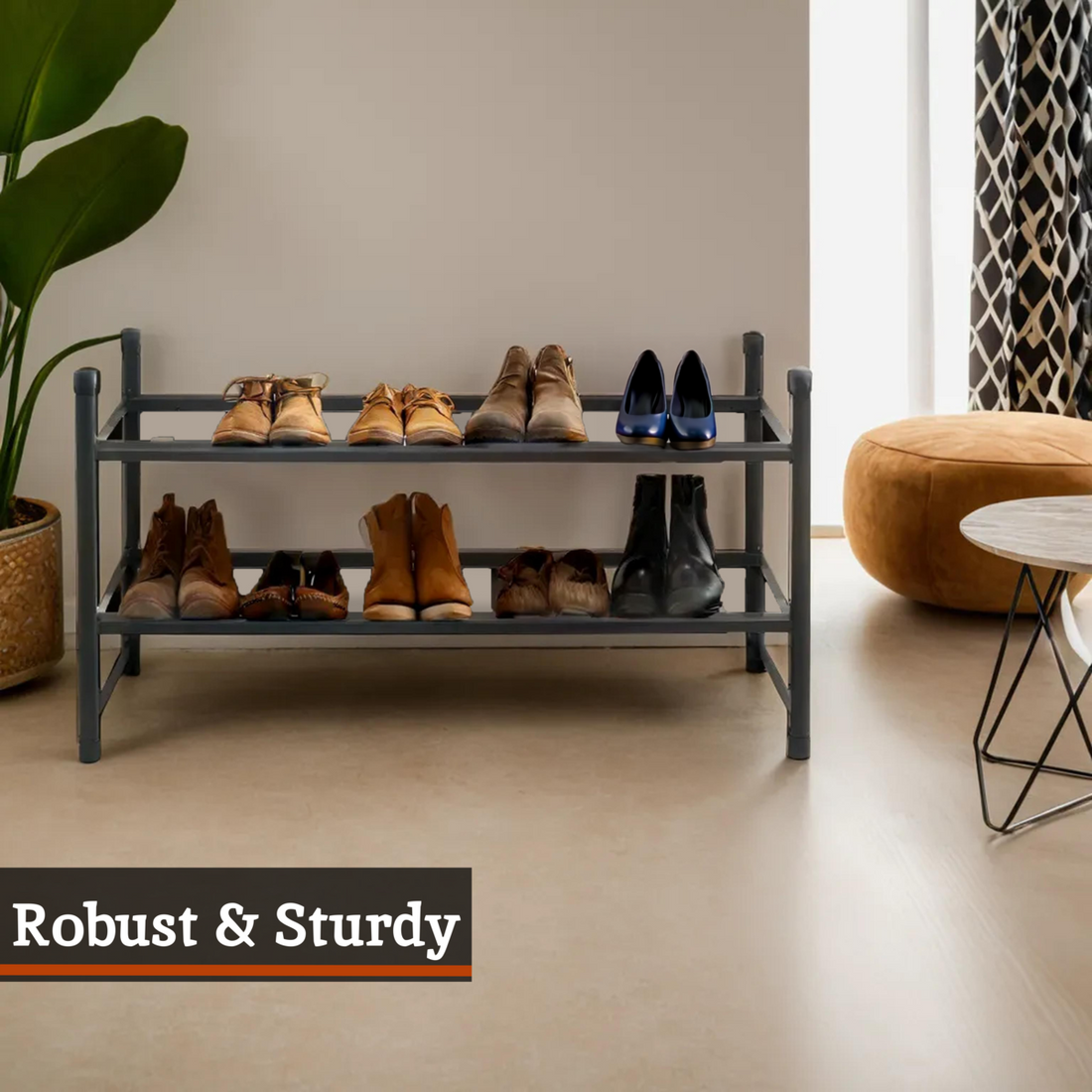 Shoe rack with shoes in a room setting, featuring the text &