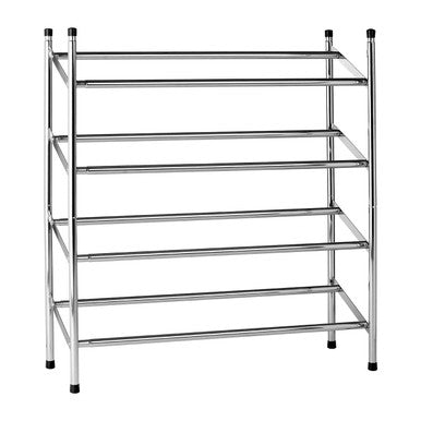 Metal shoe rack with five shelves on a white background