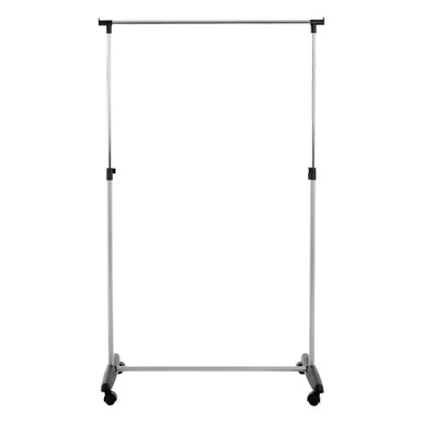 Portable clothing rack on wheels with adjustable height on a white background