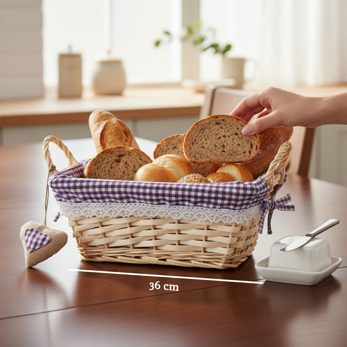 Orla Purple Gingham Lining Small Rectangular Willow Bread Basket