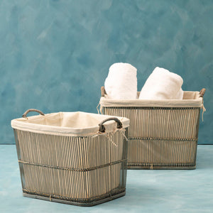 Washed Grey Rattan and Bamboo Set Of 2 Storage Baskets | Ezell