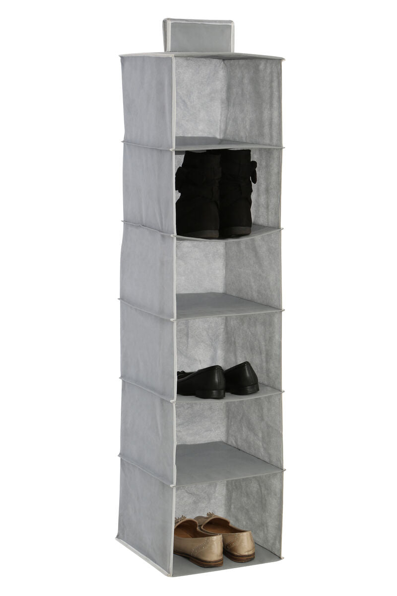 Gray shoe organizer with shoes on a white background