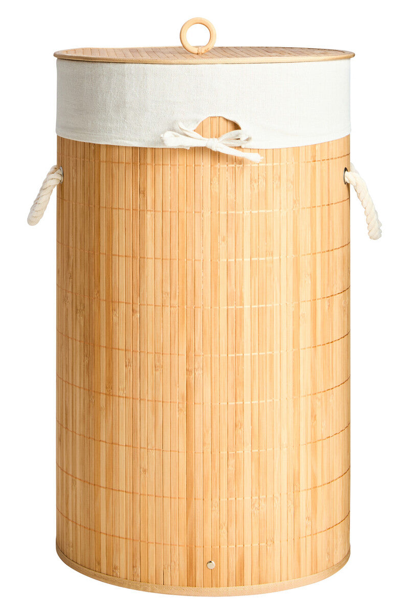 Wooden laundry basket with a white lid on a white background