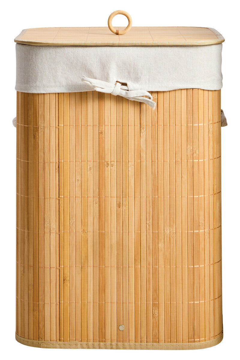 Bamboo laundry basket with a wooden lid on a white background