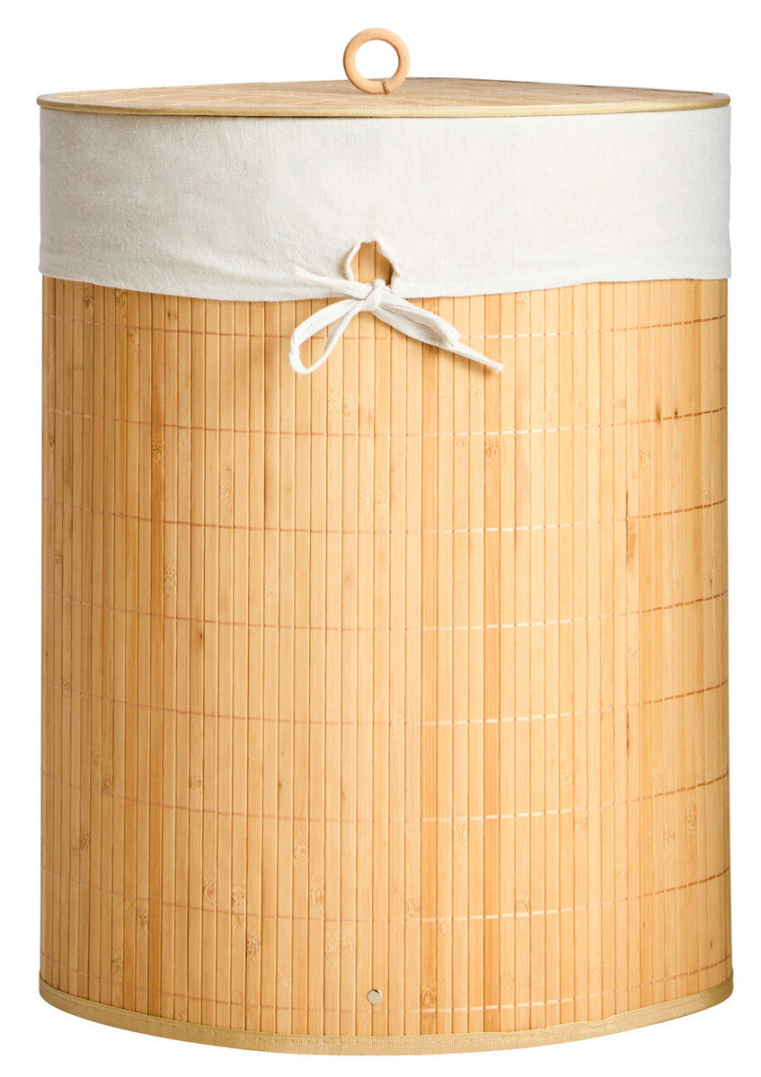 Bamboo laundry basket with a white lid on a white background