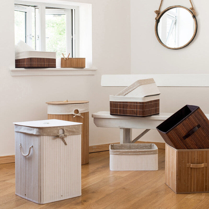 Set of wooden storage bins in a room with a window and mirror.