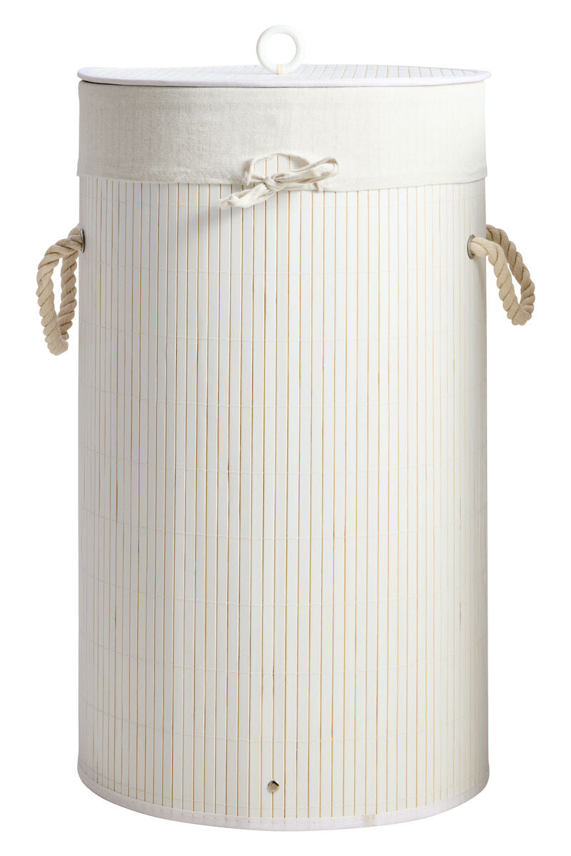 White striped laundry basket with handles on a white background