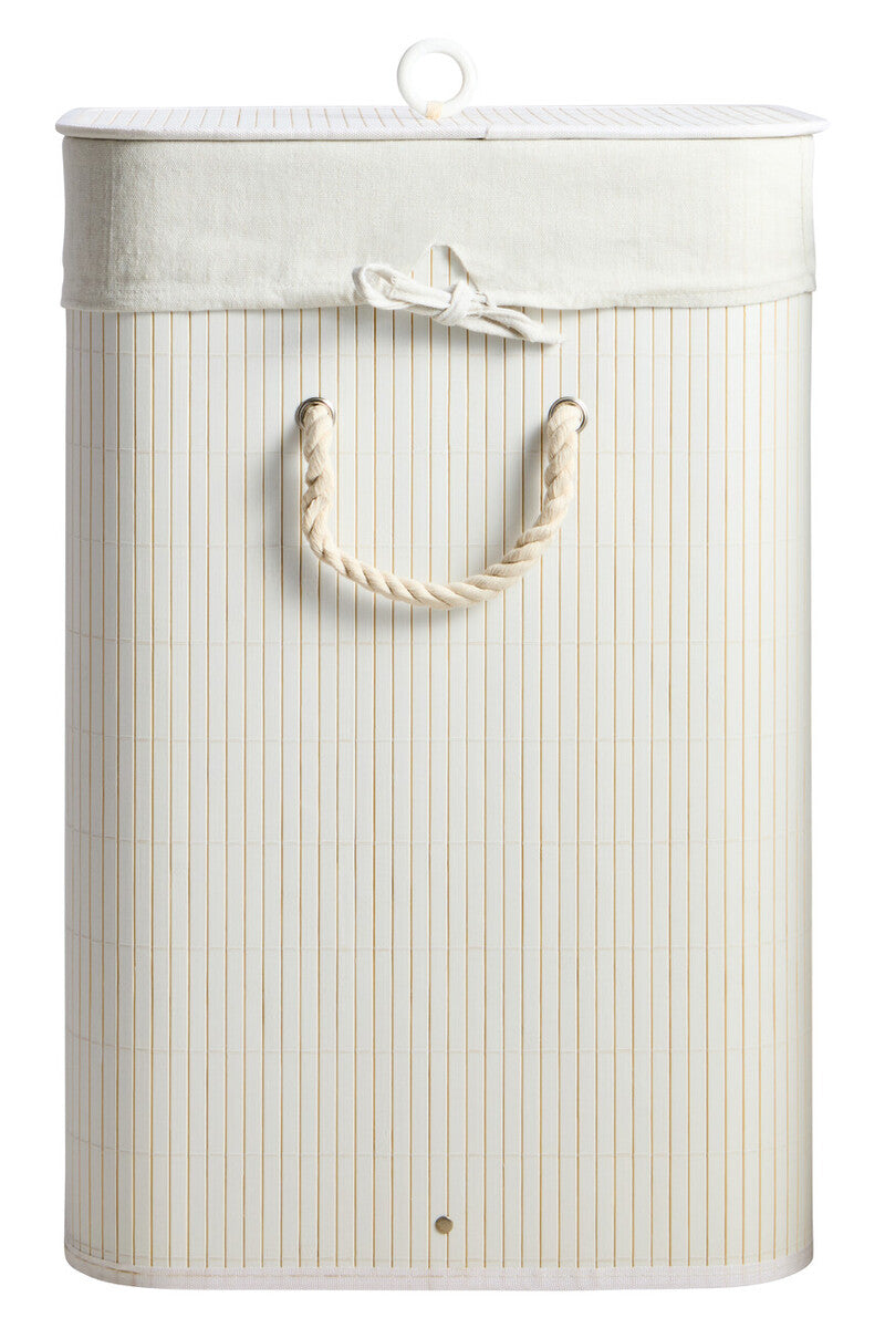 White laundry basket with striped pattern and rope handle on a white background