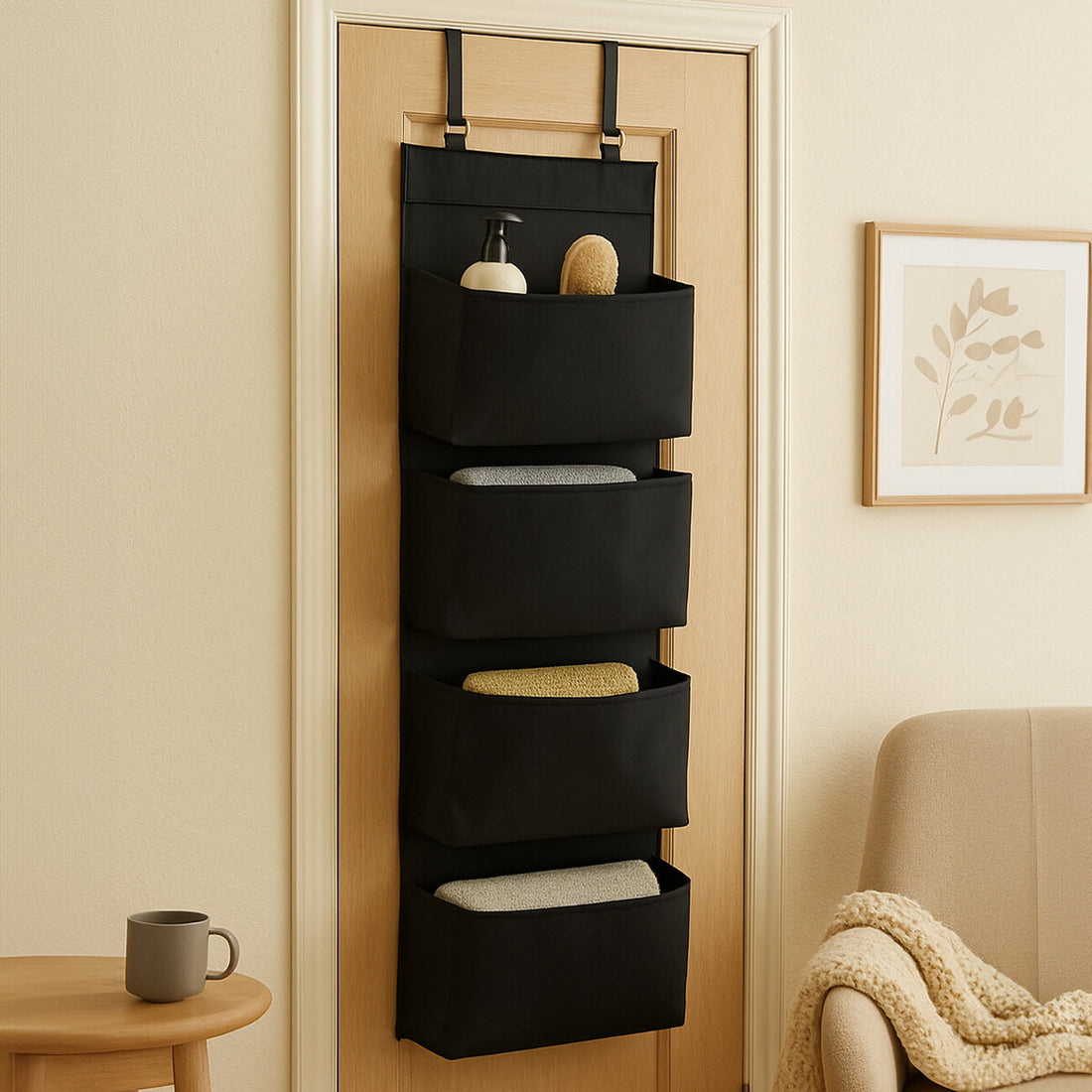 Black over-the-door hanging organizer with items on a beige door, next to a beige sofa and small wooden table.