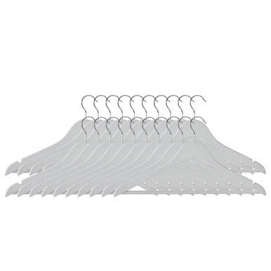 Set of white hangers with metal hooks on a white background