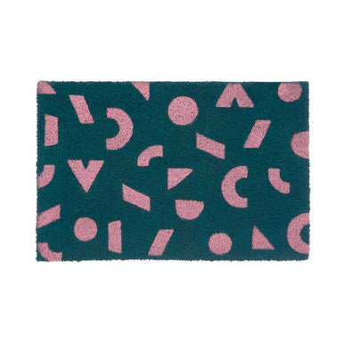 Doormat with pink geometric pattern on a teal background