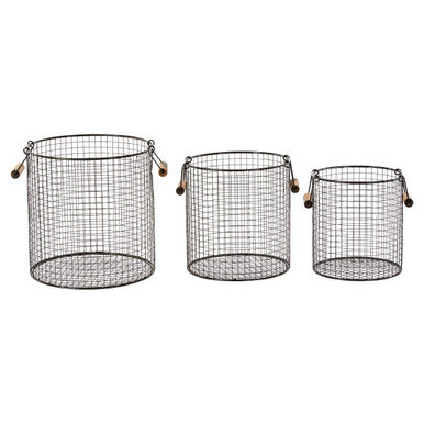 Three metal wire baskets of different sizes on a white background