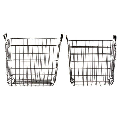 Two black wire baskets on a white background
