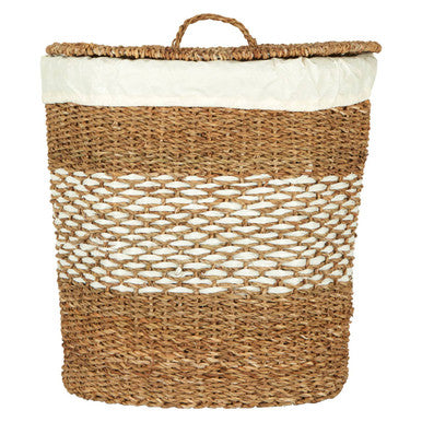 Woven basket with a white interior on a white background