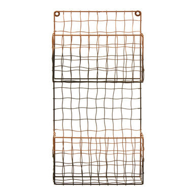 Rustic wire wall organizer with three compartments on a white background