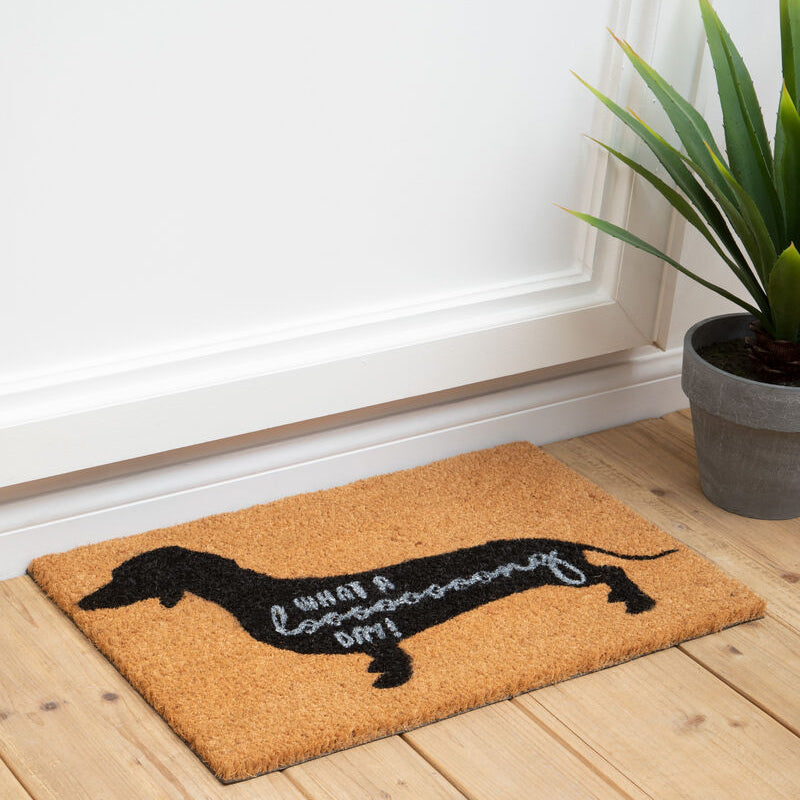 Doormat with dachshund design on a wooden floor next to a plant