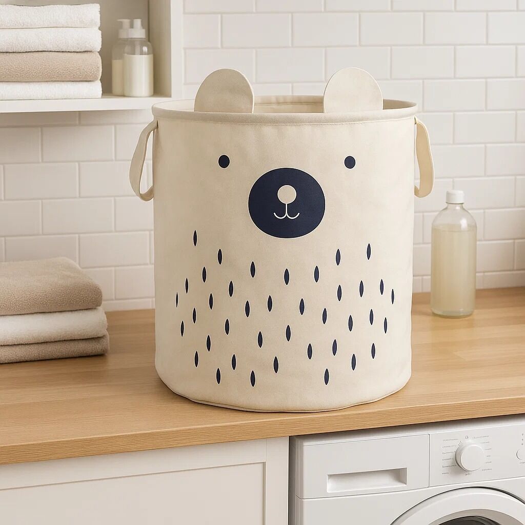 Beige laundry basket with bear design on a wooden surface in a laundry room.