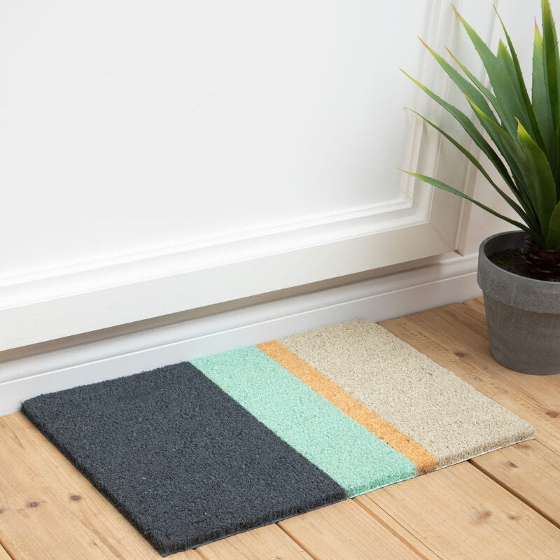 Multicolored doormat on a wooden floor with a plant in the corner.