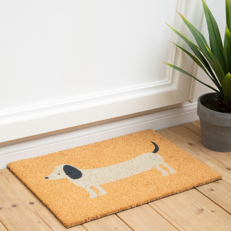 Doormat with a dog design on a wooden floor next to a plant