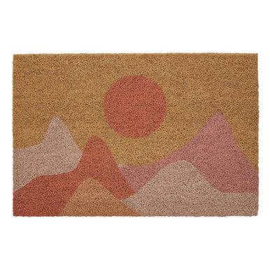 Doormat with a sunset and mountain design on a beige background