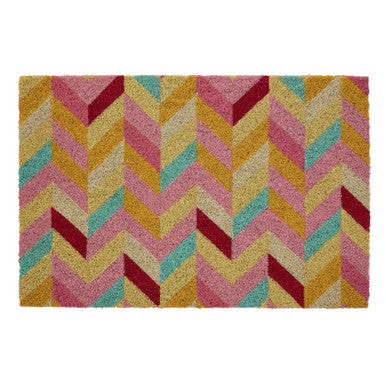 Multicolored chevron patterned rug on a white background